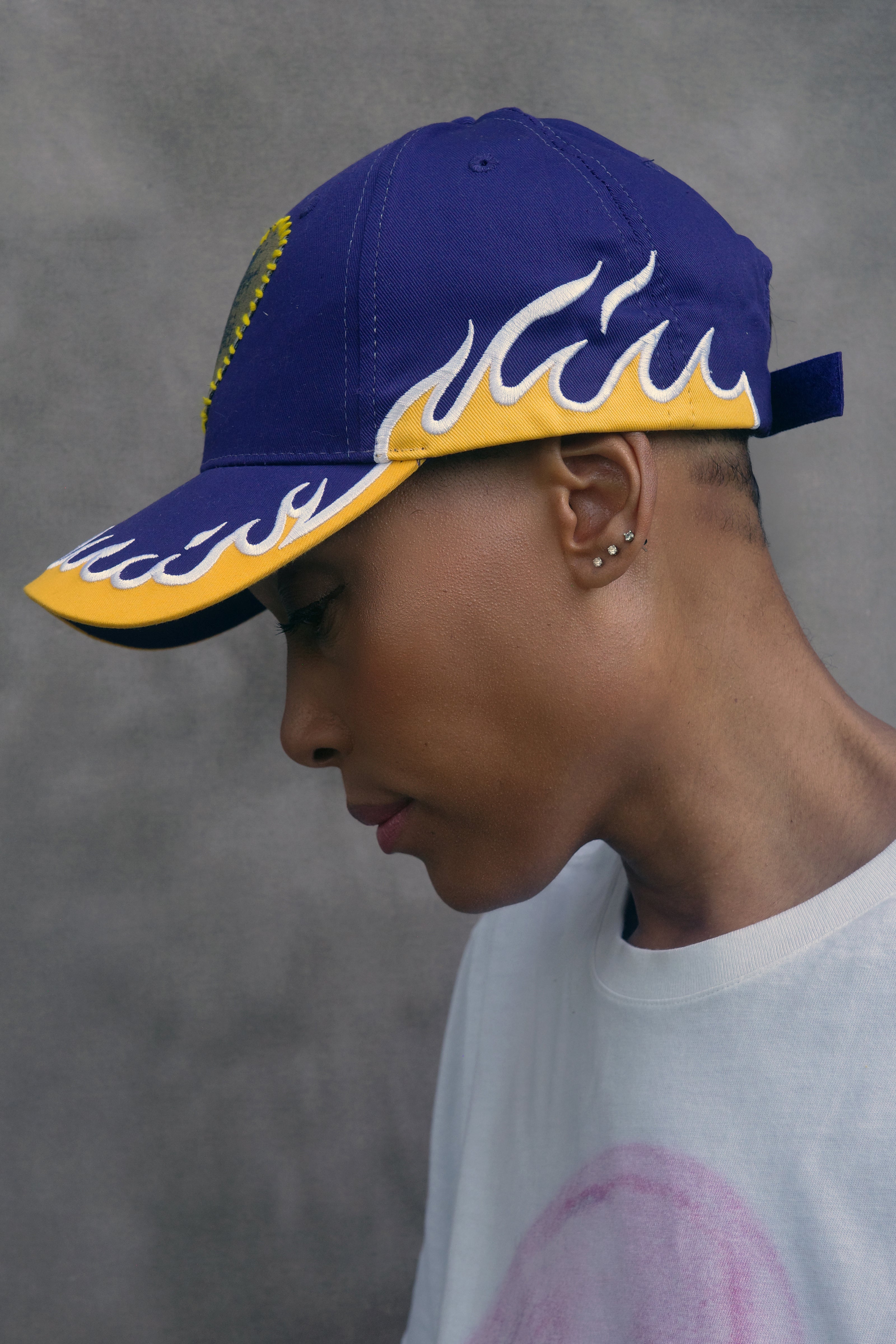 Purple and Yellow Flame Baseball Hat with hand painted Denim Heart.
