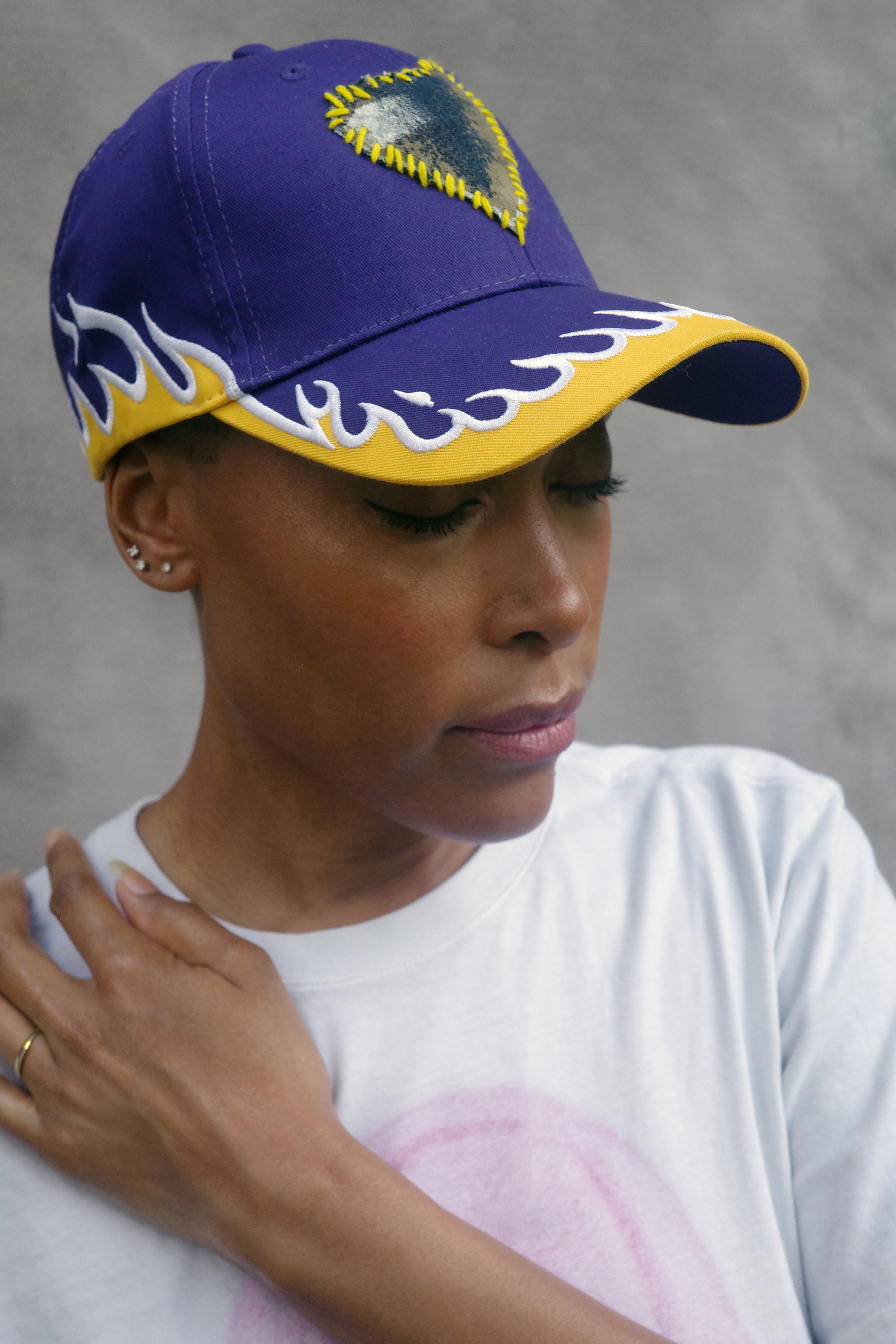 Purple and Yellow Flame Baseball Hat with hand painted Denim Heart.