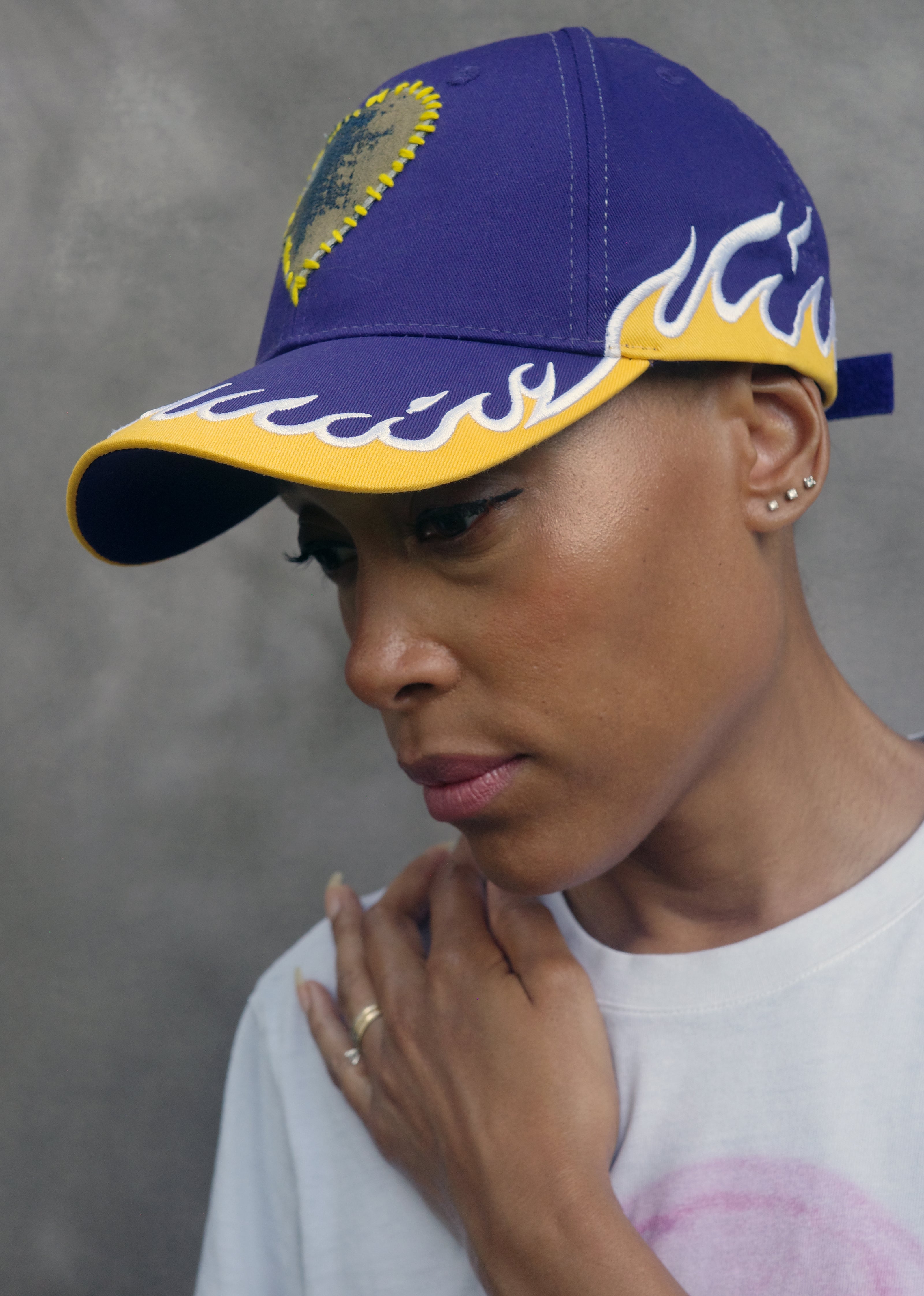 Purple and Yellow Flame Baseball Hat with hand painted Denim Heart.