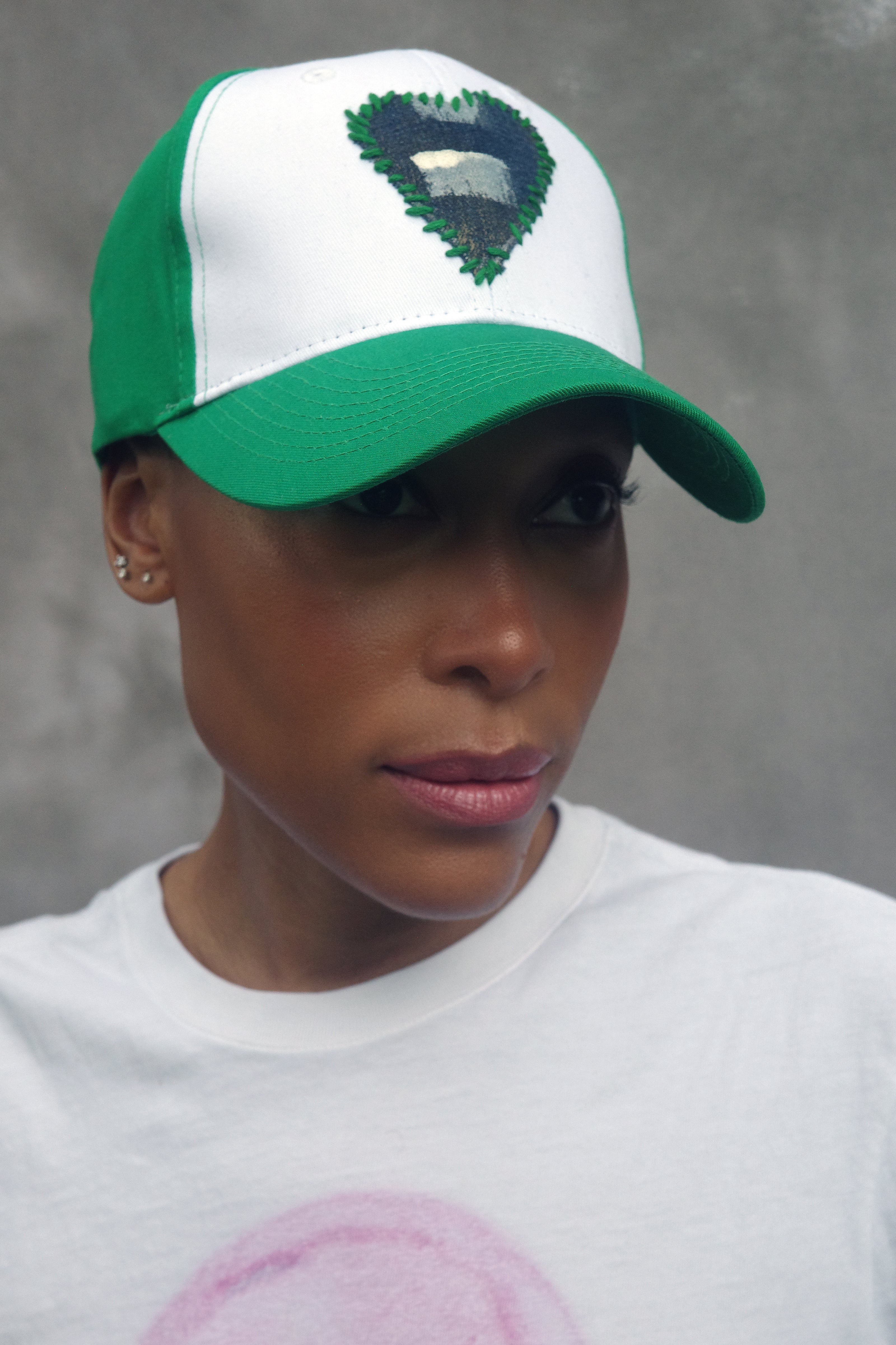 Forrest Green and white Baseball Hat with hand painted Denim Heart.
