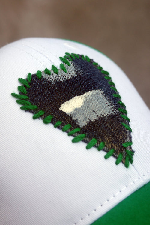 Forrest Green and white Baseball Hat with hand painted Denim Heart.