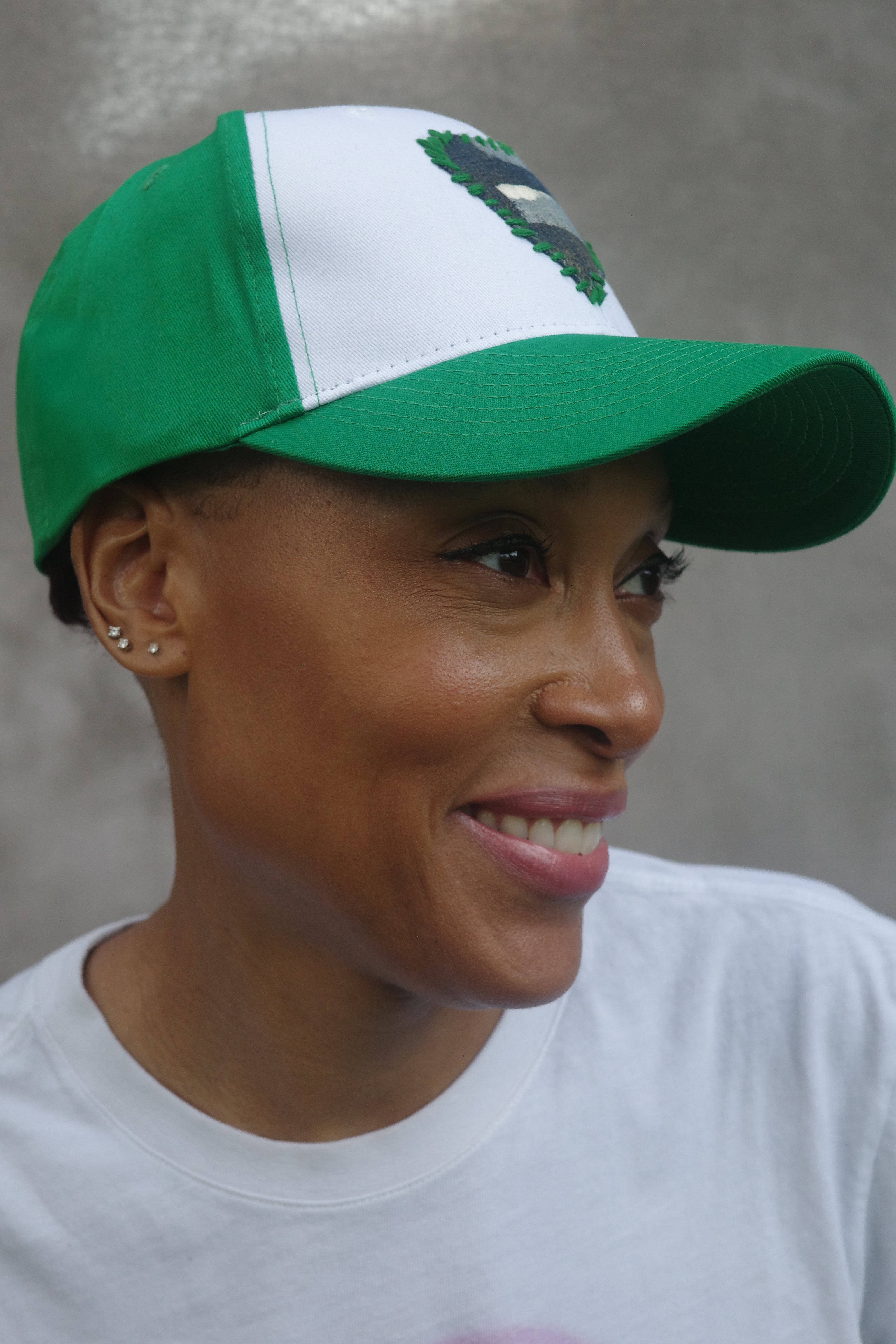 Forrest Green and white Baseball Hat with hand painted Denim Heart.