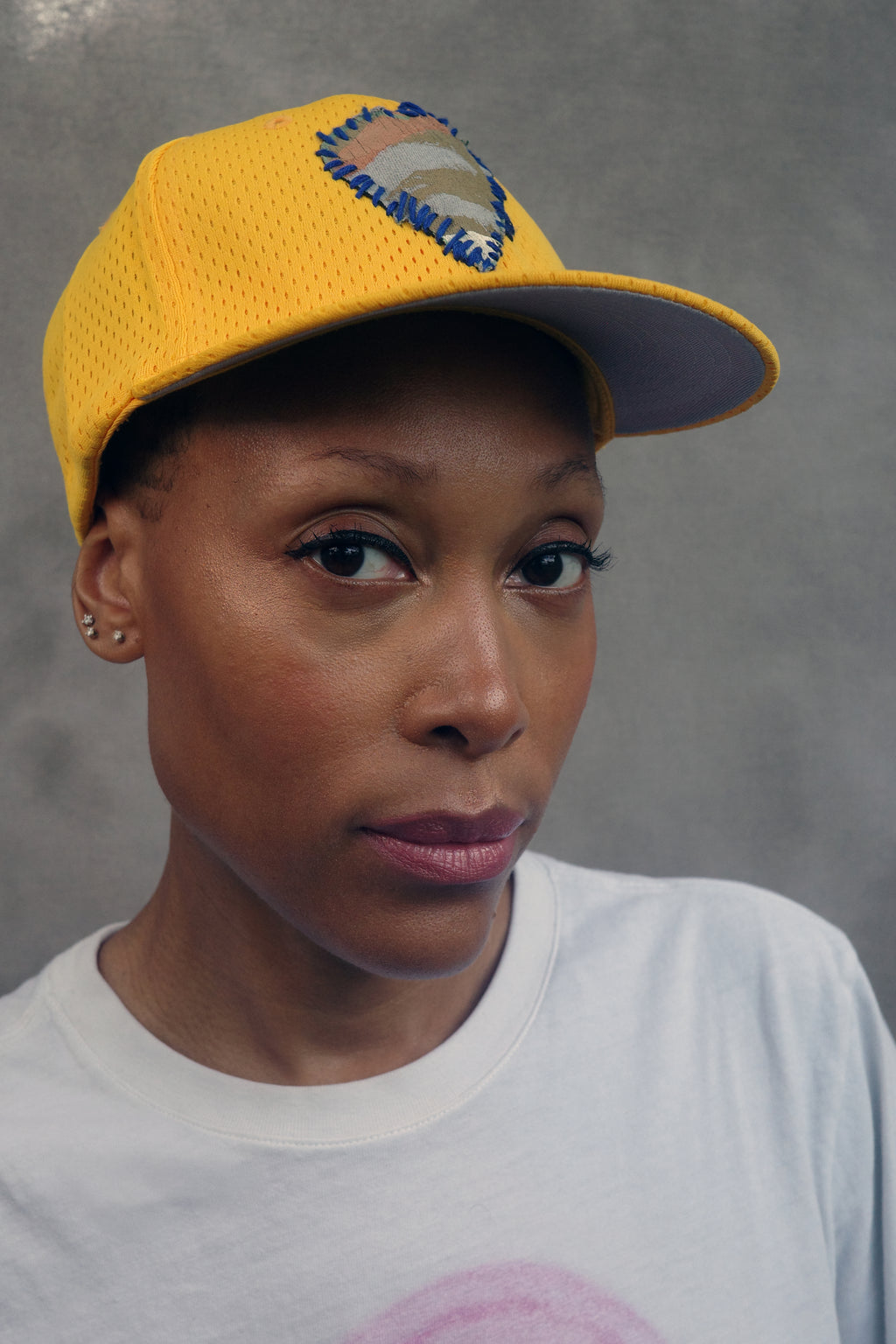 Yellow Birds Eye Mesh Baseball Hat with hand painted Denim Heart.