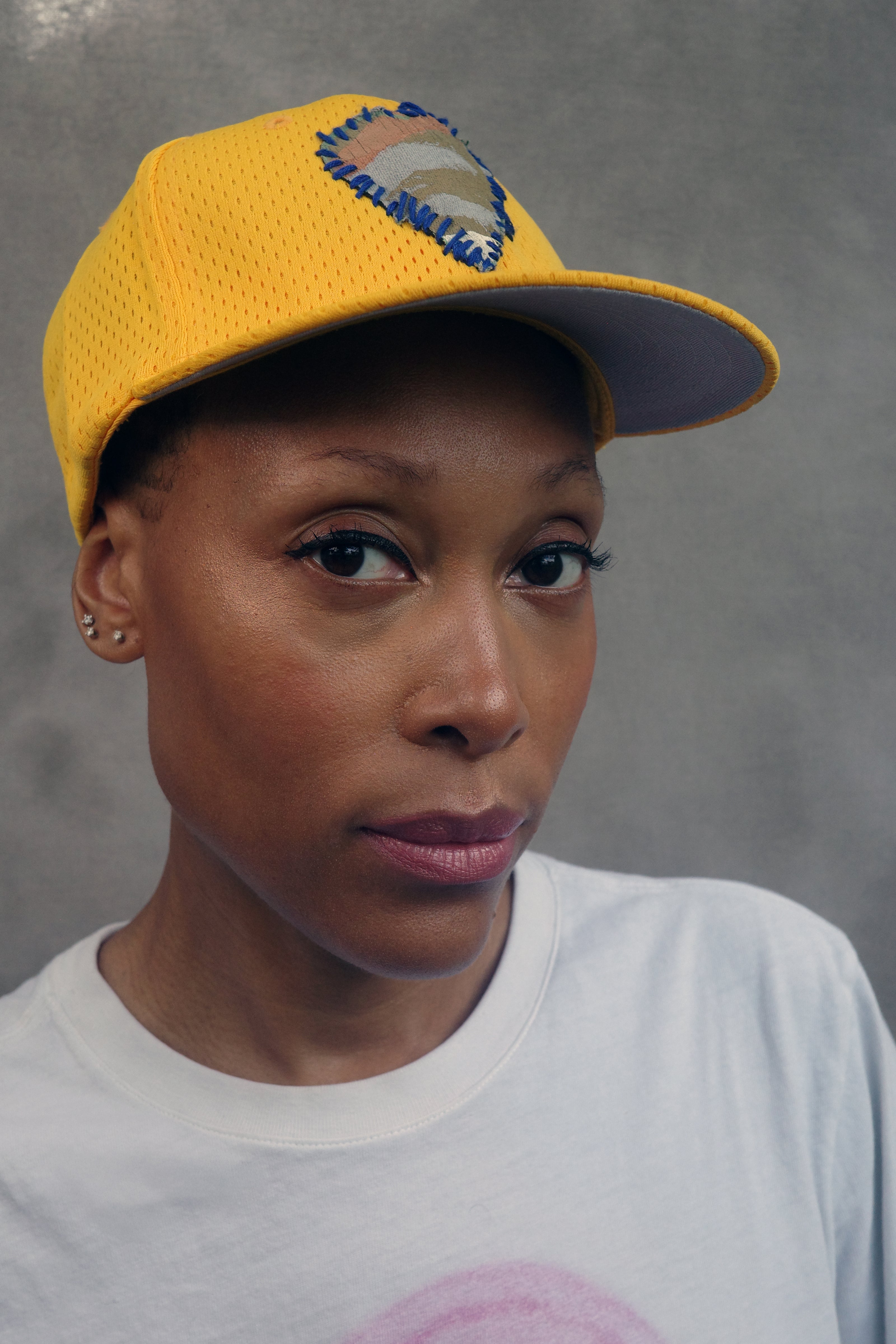 Yellow Birds Eye Mesh Baseball Hat with hand painted Denim Heart.