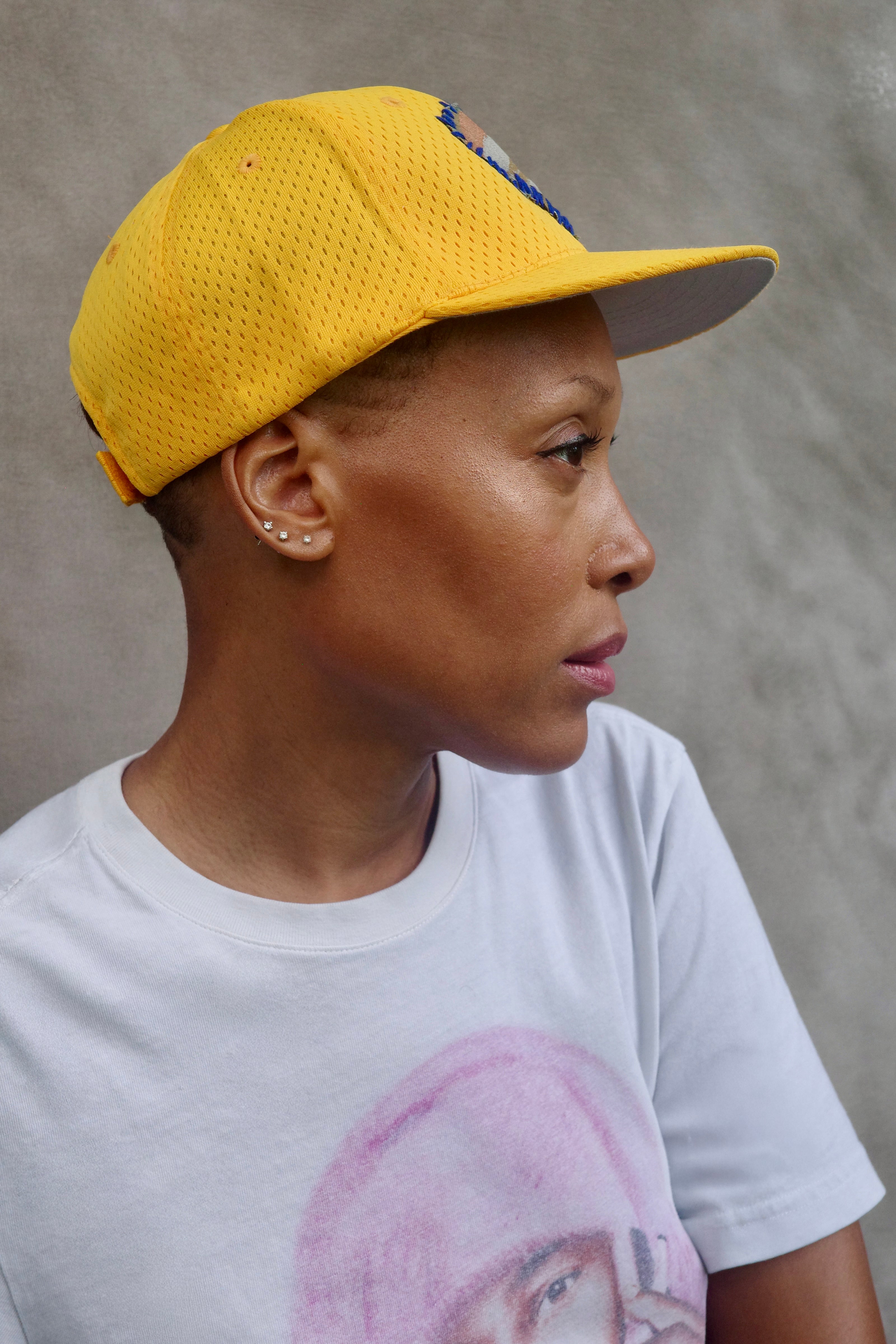 Yellow Birds Eye Mesh Baseball Hat with hand painted Denim Heart.
