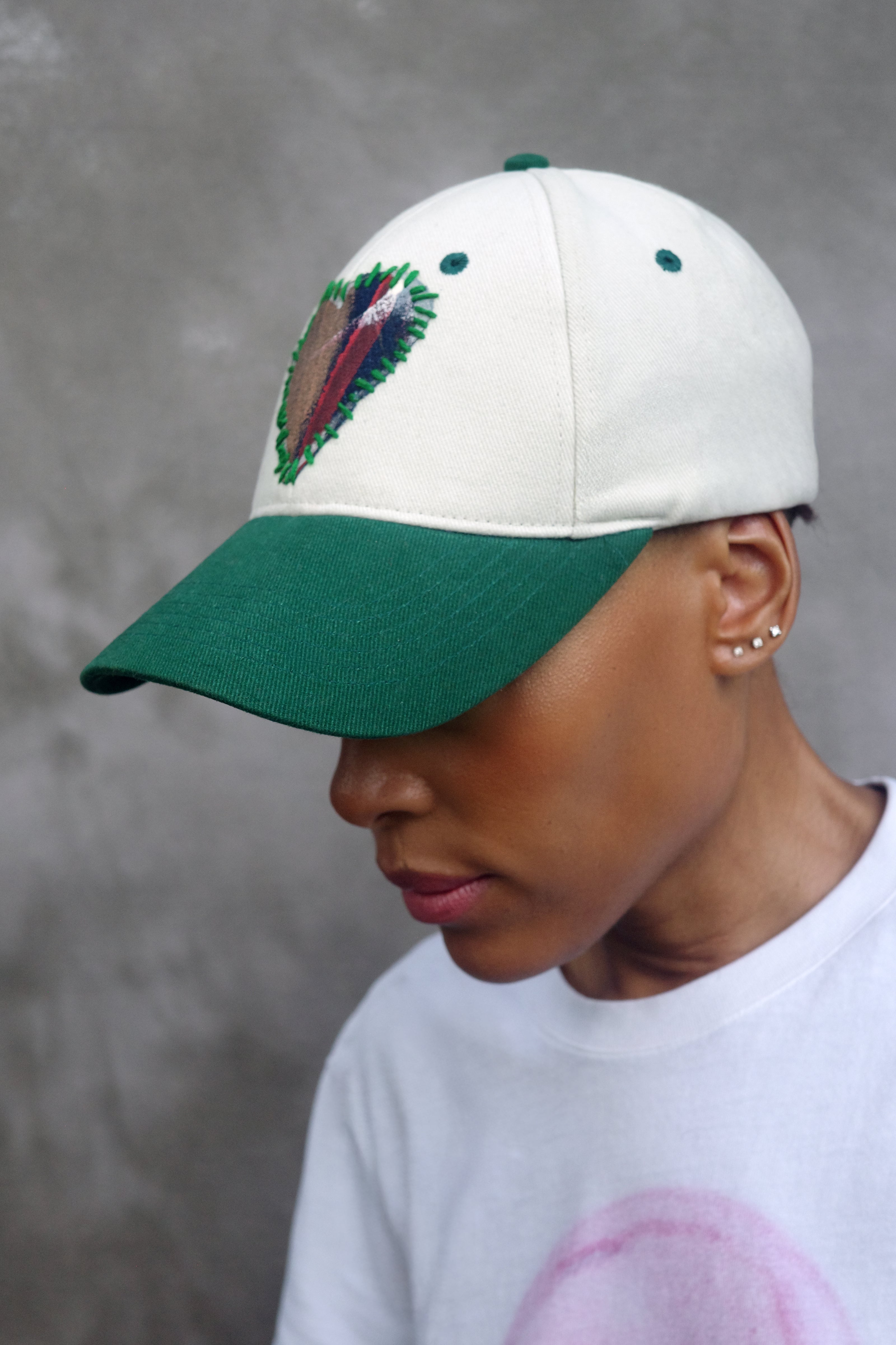 Ivory and Green Baseball Hat with hand painted Denim Heart