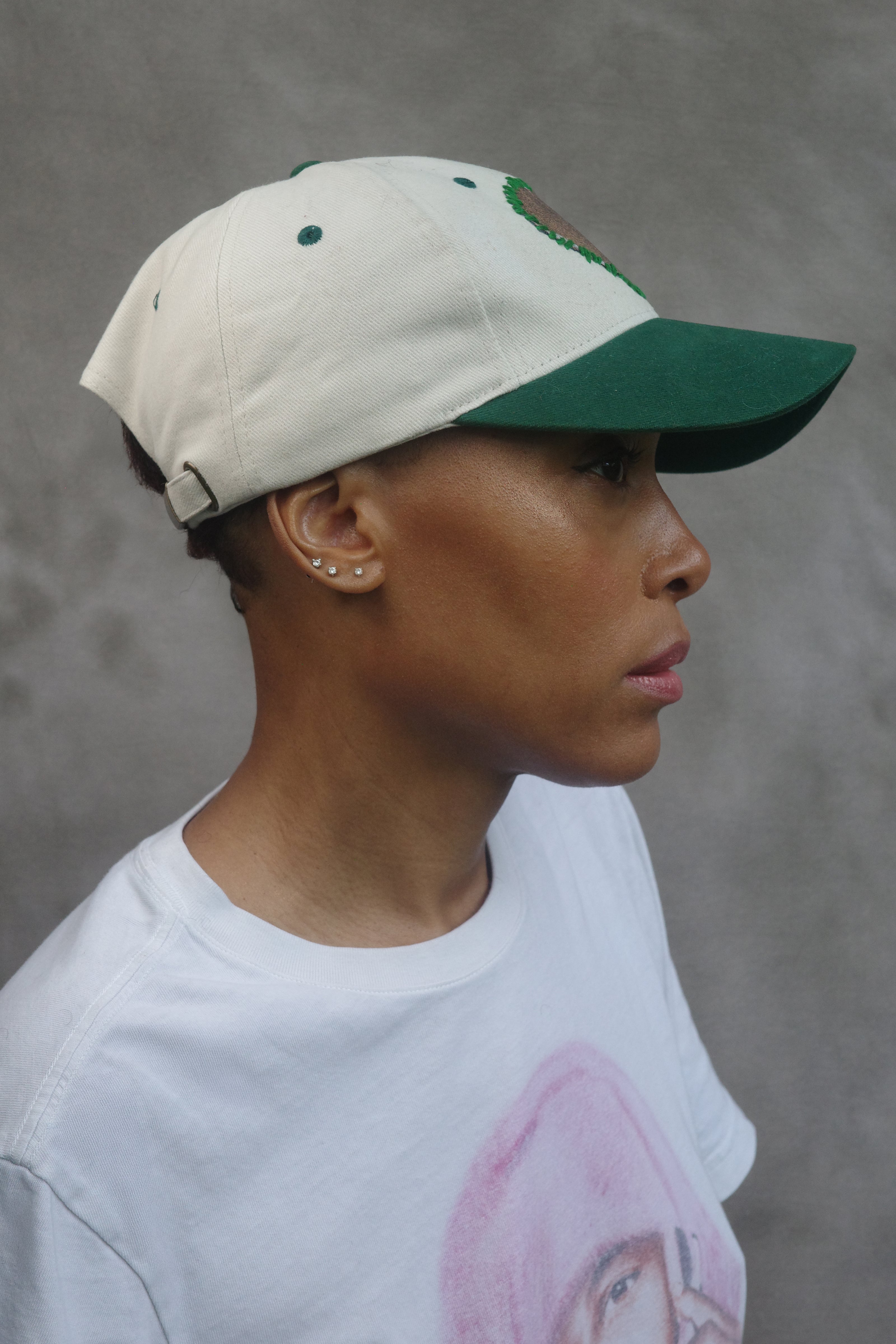 Ivory and Green Baseball Hat with hand painted Denim Heart