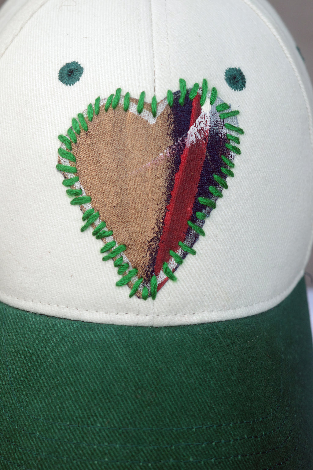 Ivory and Green Baseball Hat with hand painted Denim Heart