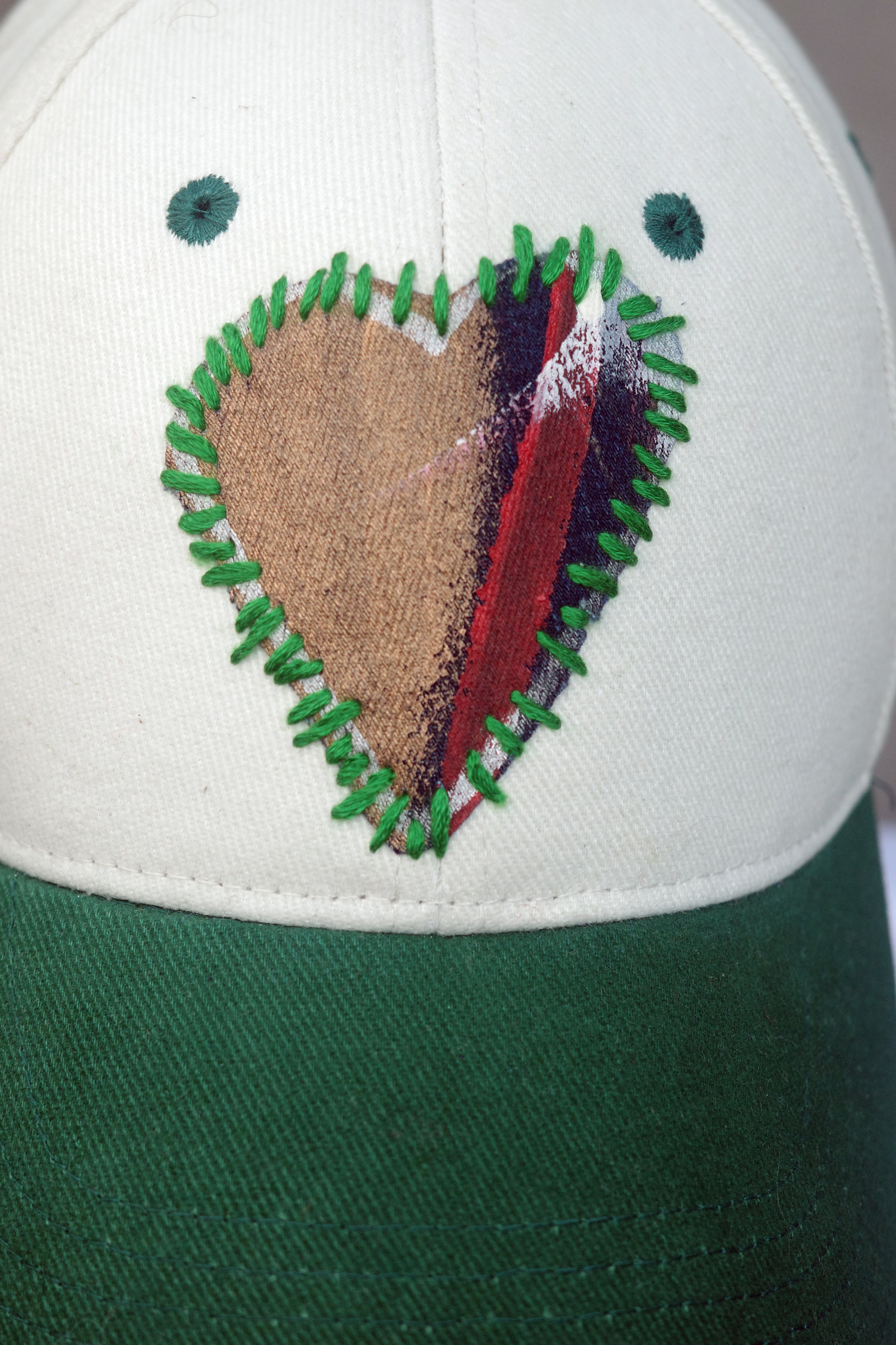 Ivory and Green Baseball Hat with hand painted Denim Heart