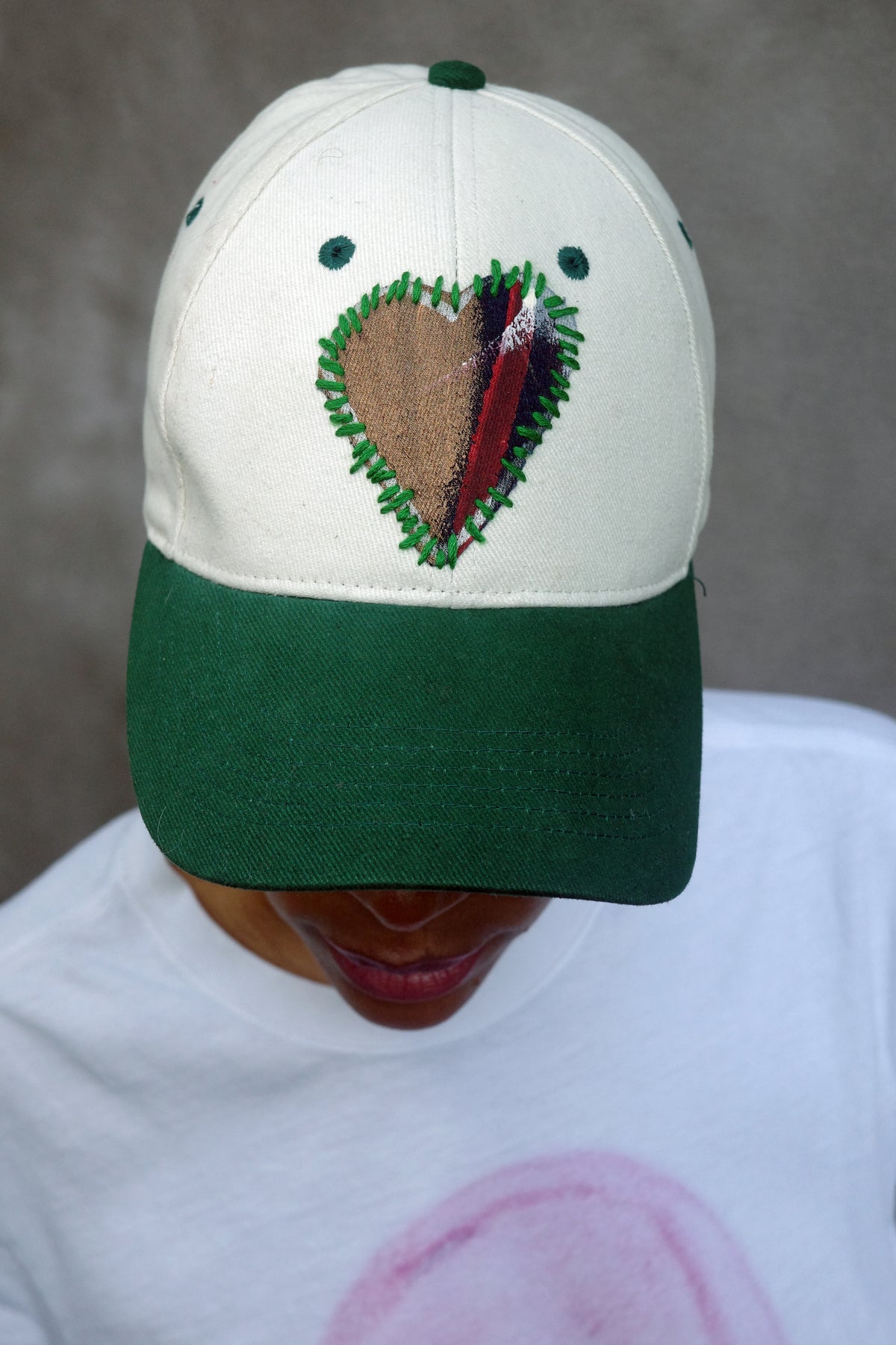 Ivory and Green Baseball Hat with hand painted Denim Heart