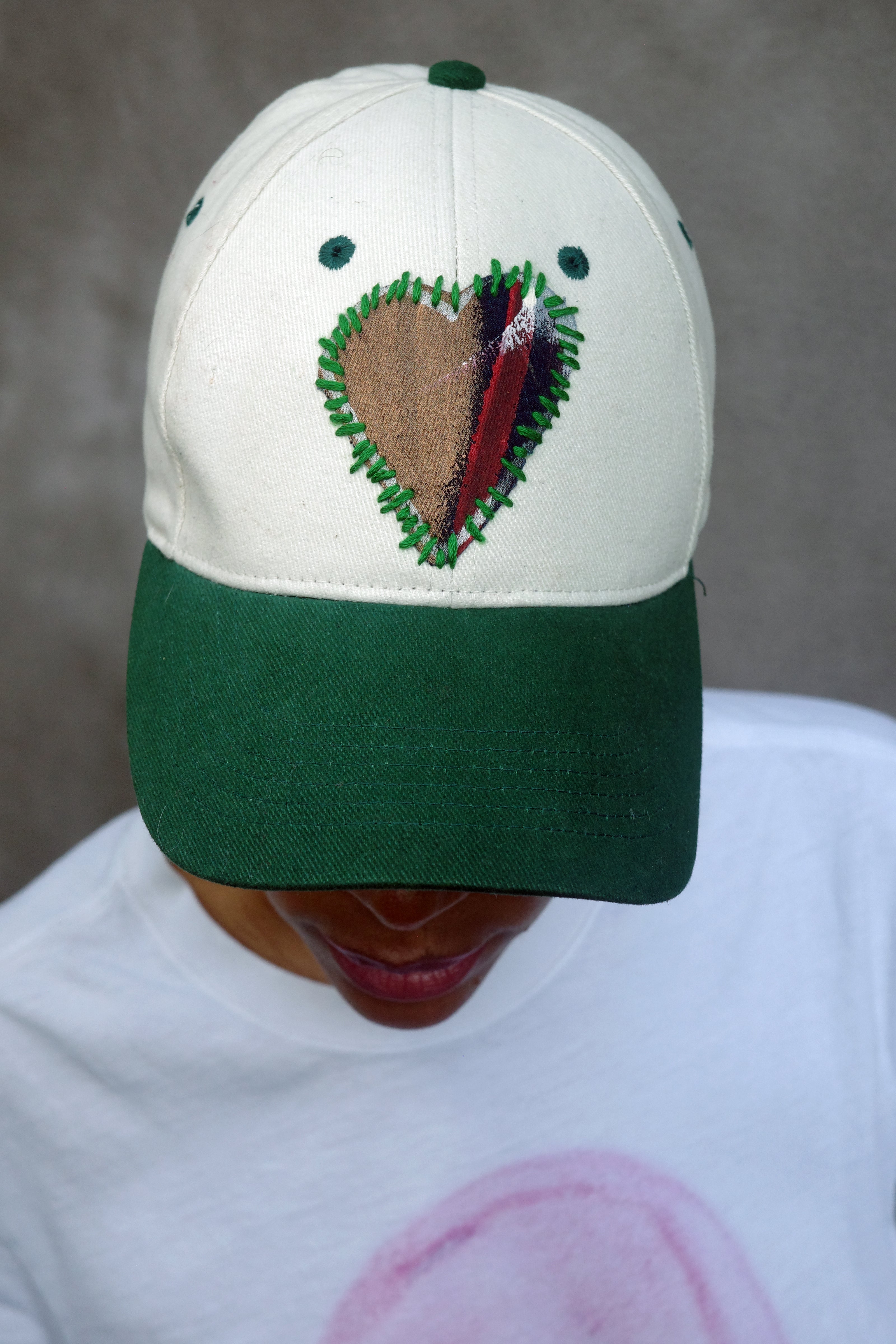 Ivory and Green Baseball Hat with hand painted Denim Heart