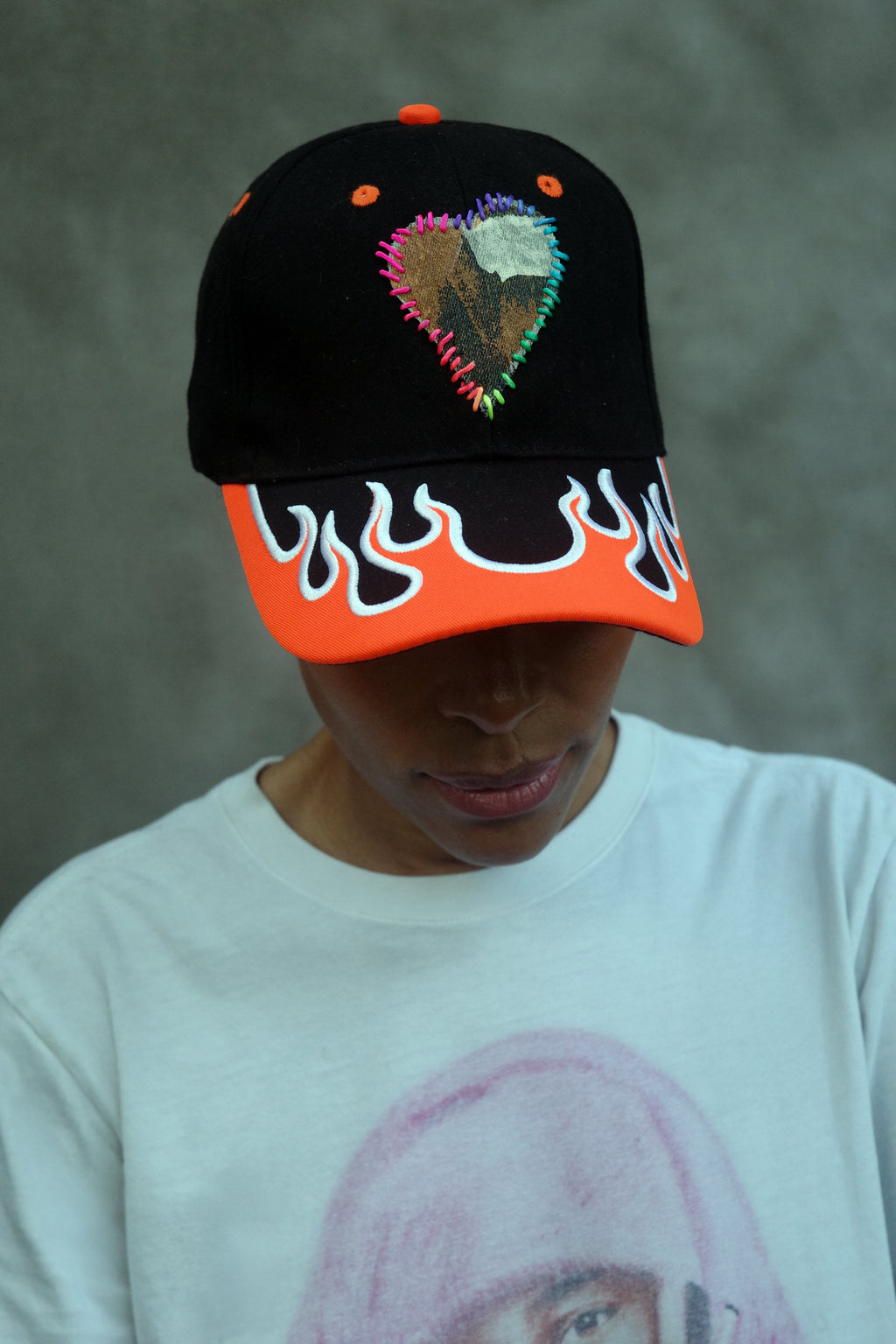 Orange Flame Baseball Hat with hand painted Denim Heart
