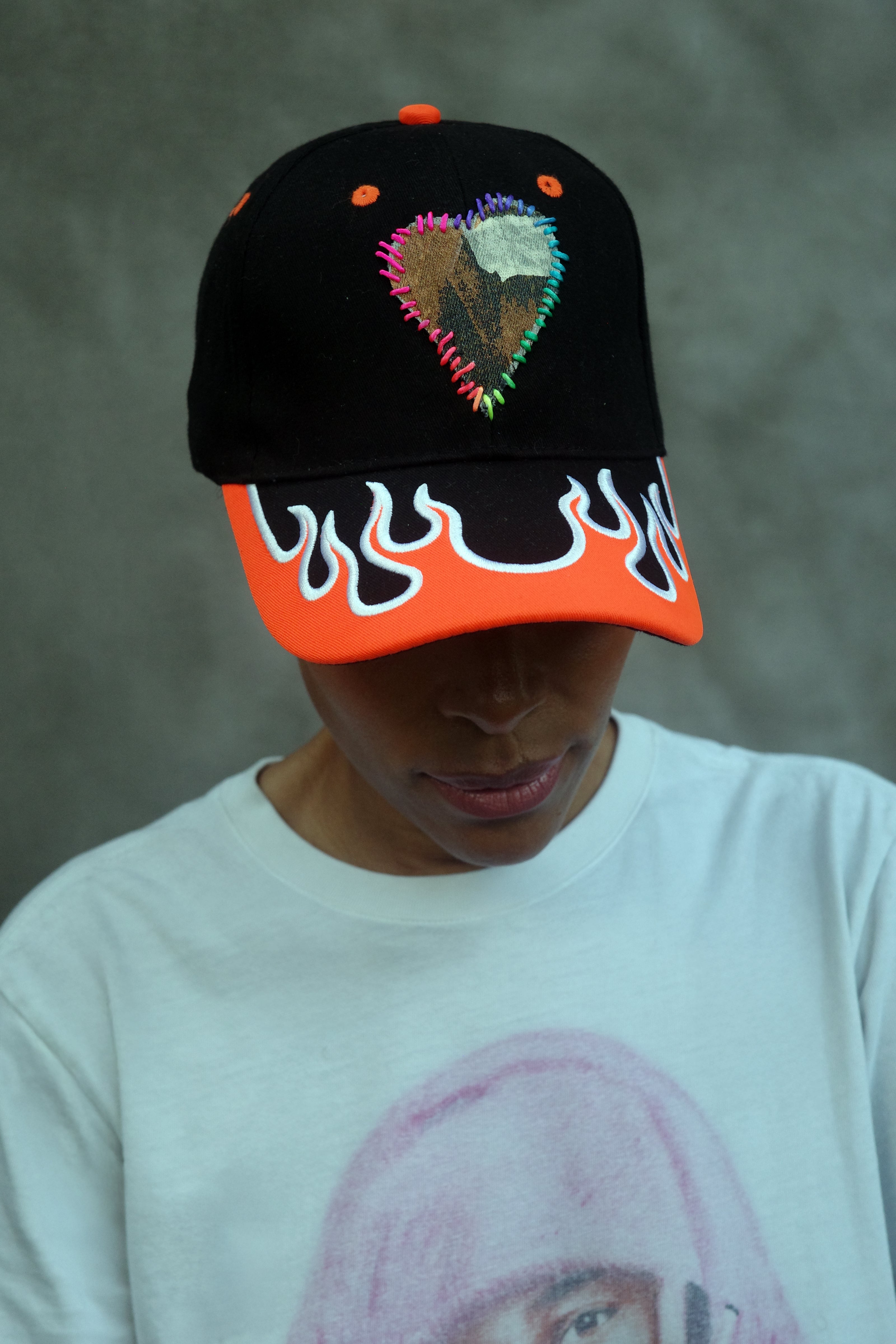 Orange Flame Baseball Hat with hand painted Denim Heart