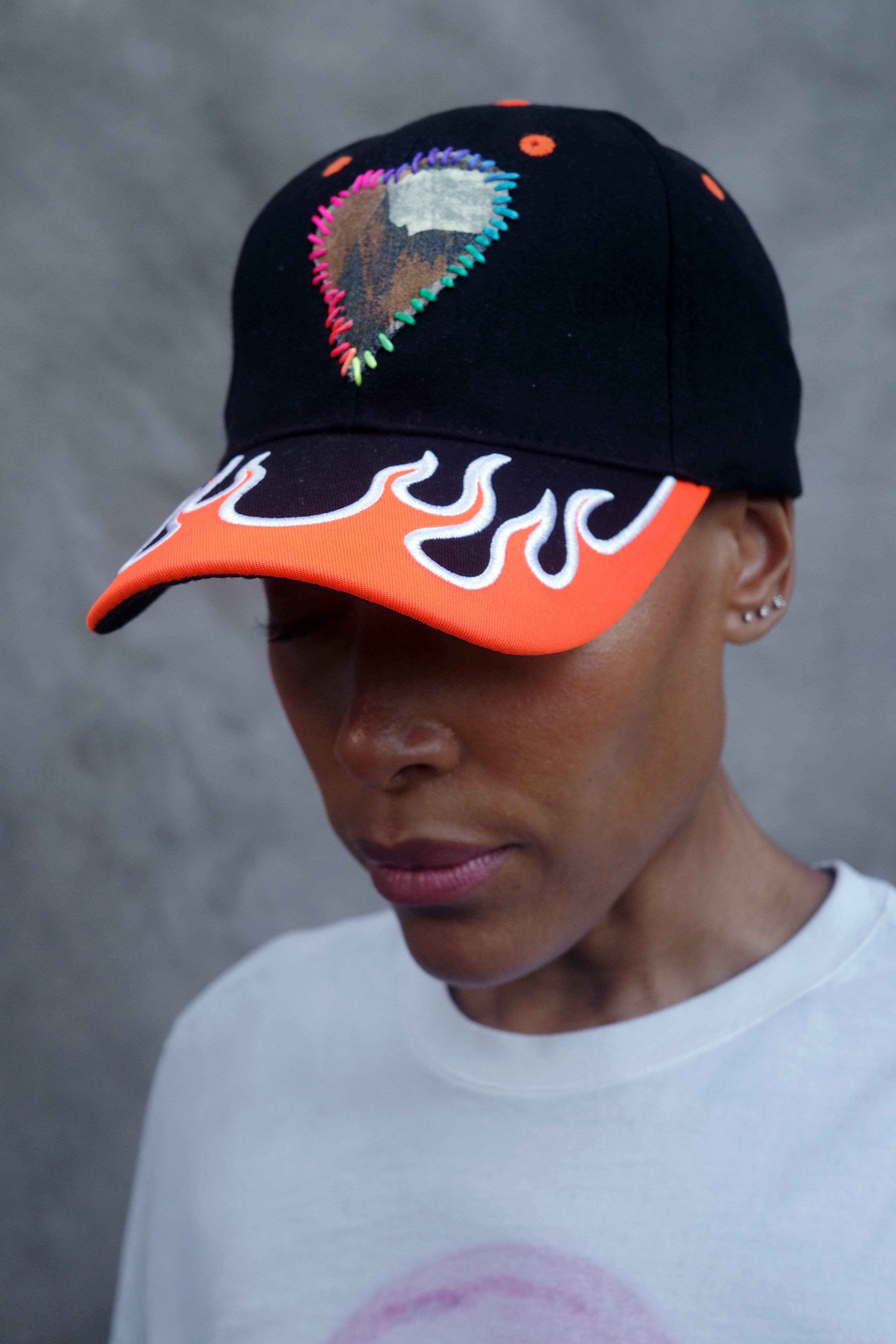 Orange Flame Baseball Hat with hand painted Denim Heart