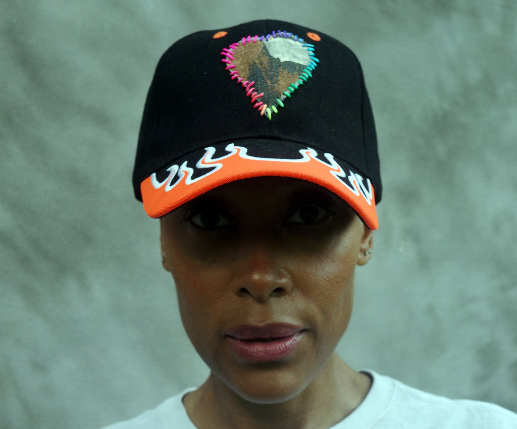 Orange Flame Baseball Hat with hand painted Denim Heart