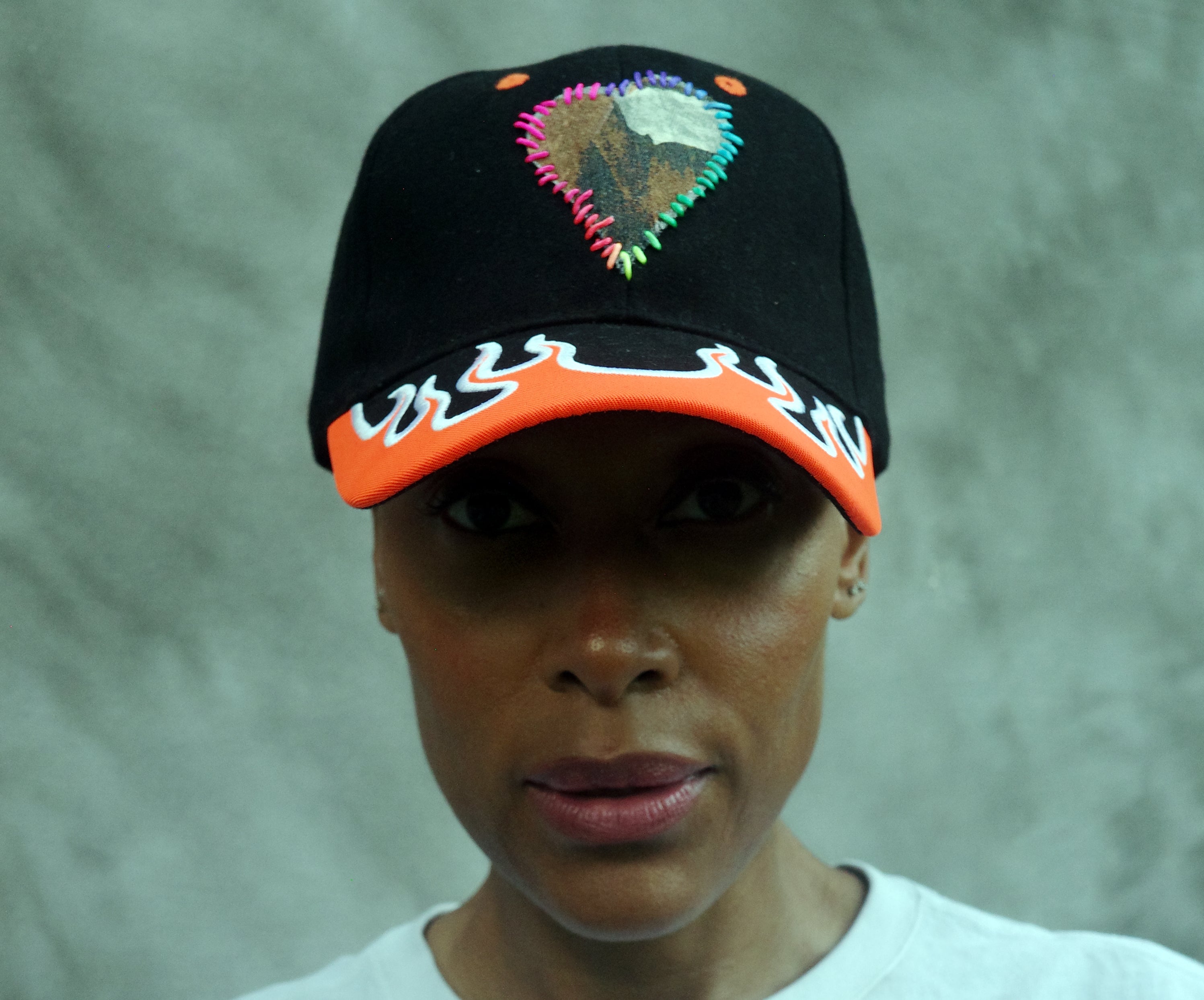 Orange Flame Baseball Hat with hand painted Denim Heart