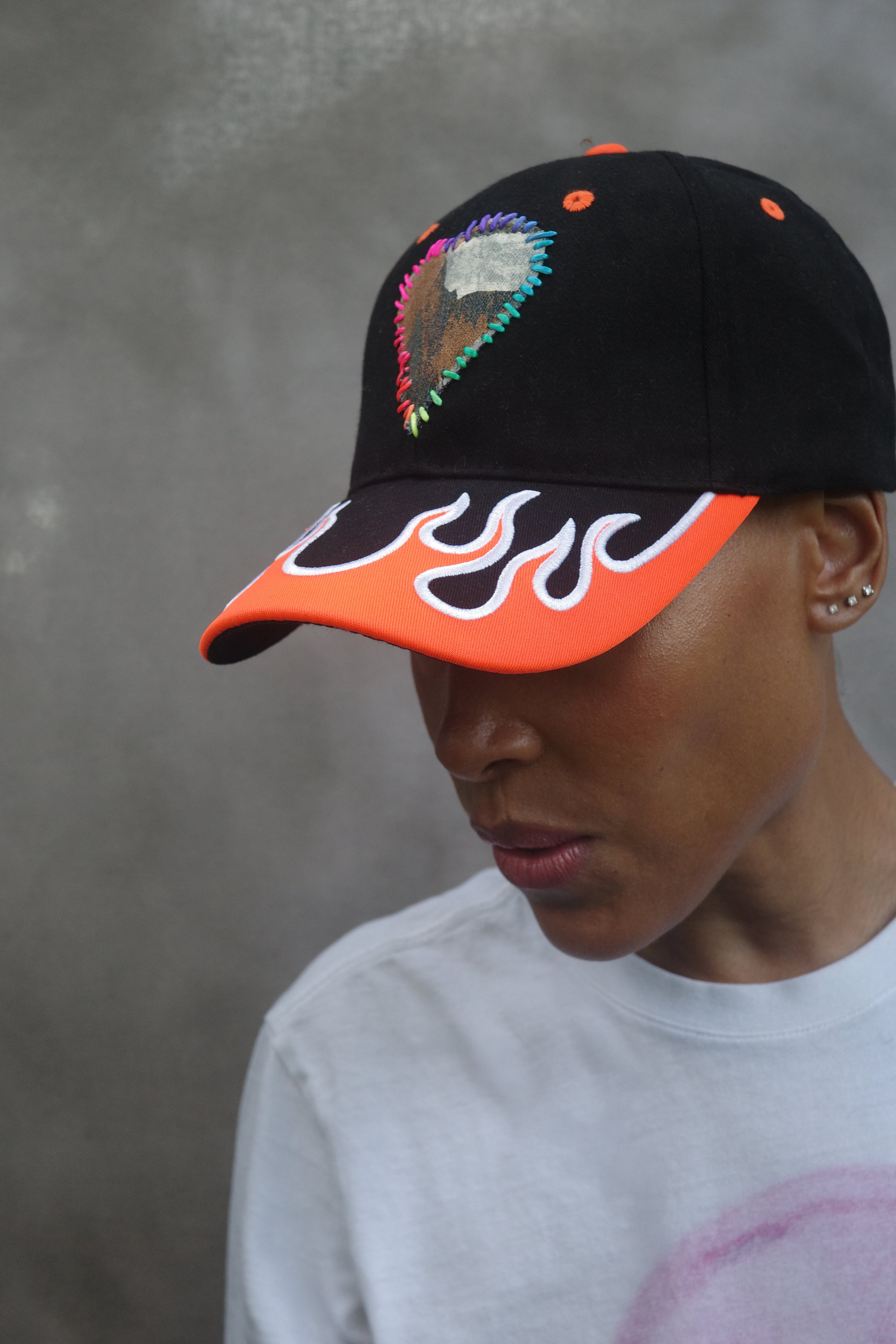 Orange Flame Baseball Hat with hand painted Denim Heart