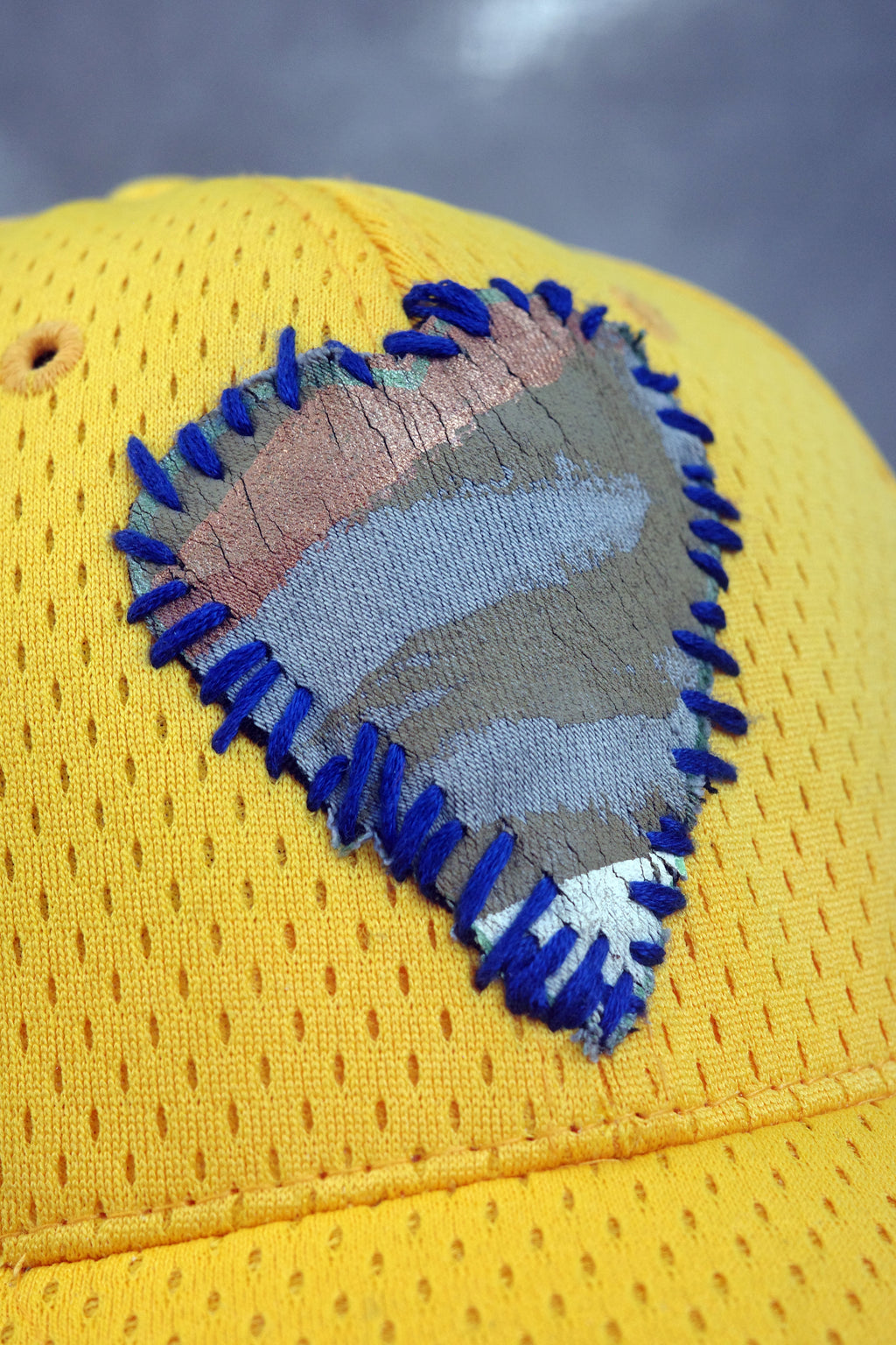 Yellow Birds Eye Mesh Baseball Hat with hand painted Denim Heart.