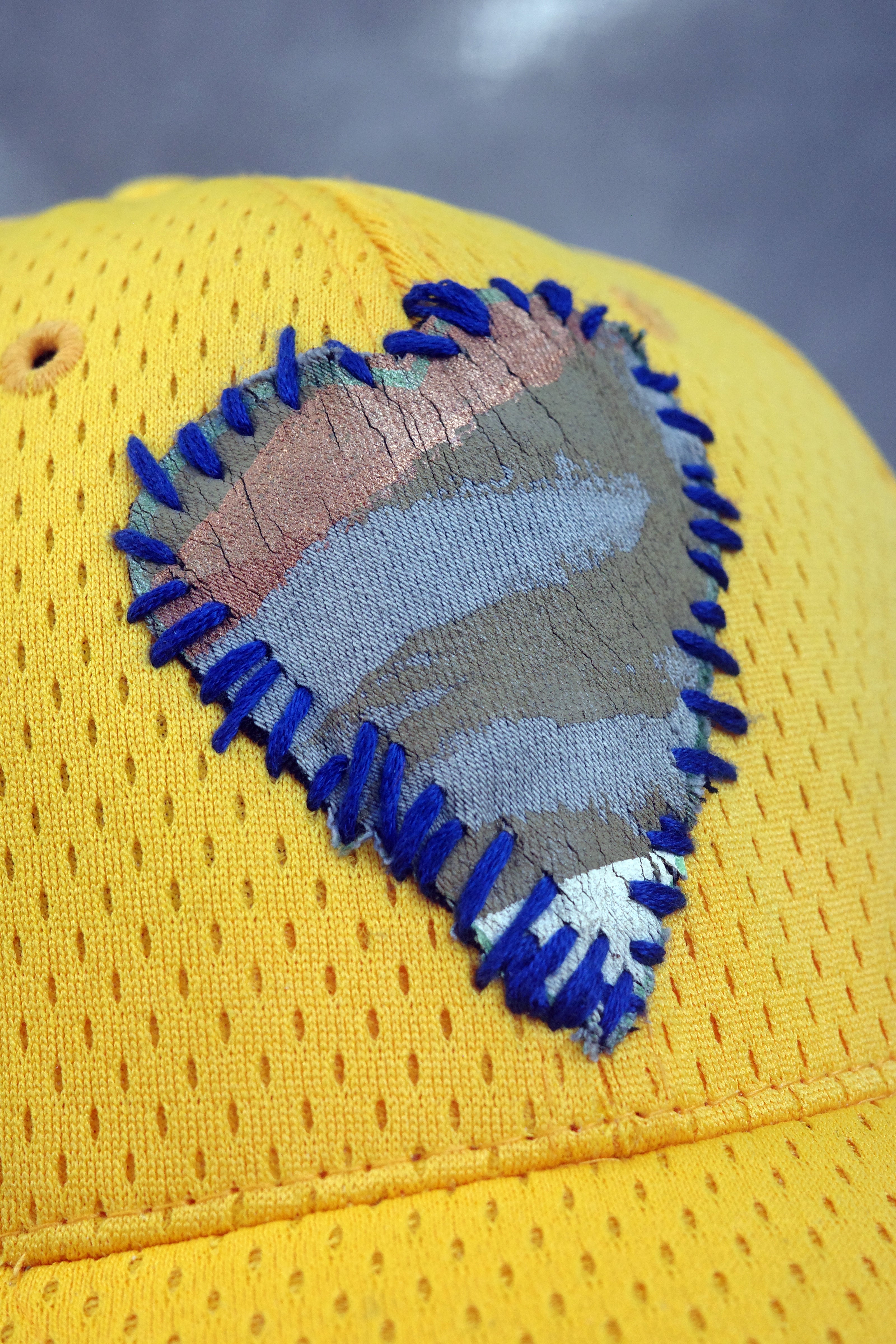 Yellow Birds Eye Mesh Baseball Hat with hand painted Denim Heart.