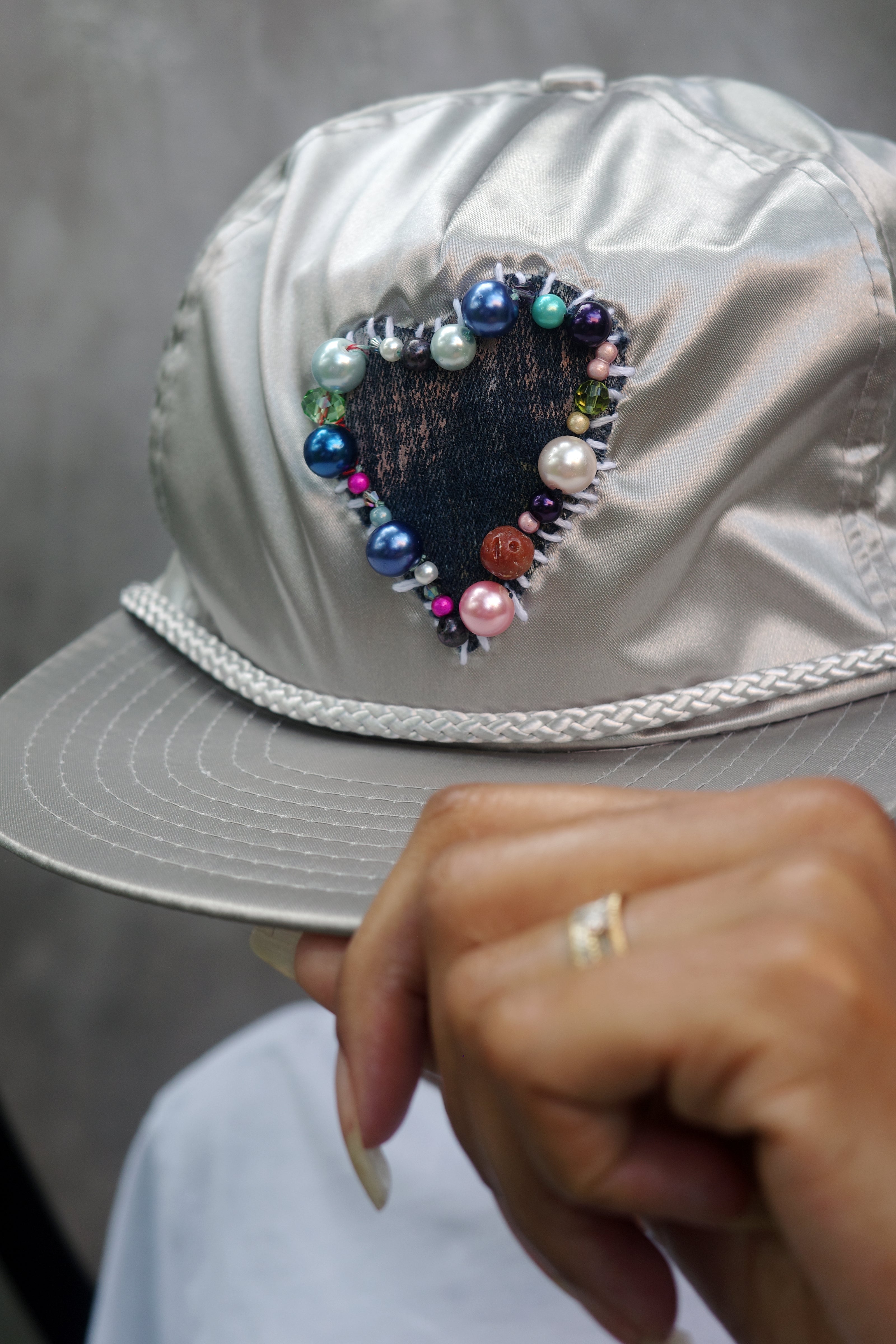 Metallic Hand Baseball Hat with hand painted Denim Heart.