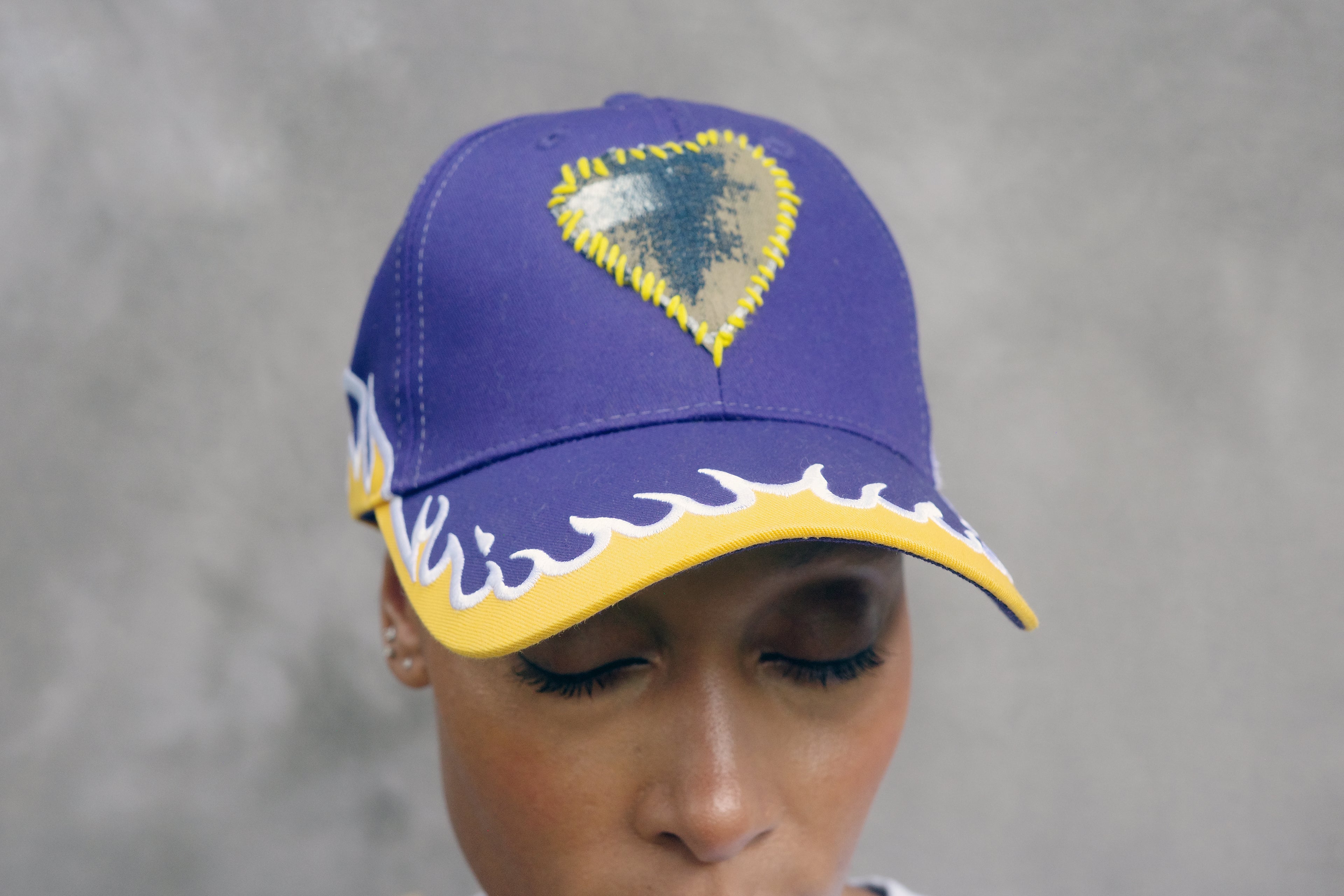 Purple and Yellow Flame Baseball Hat with hand painted Denim Heart.