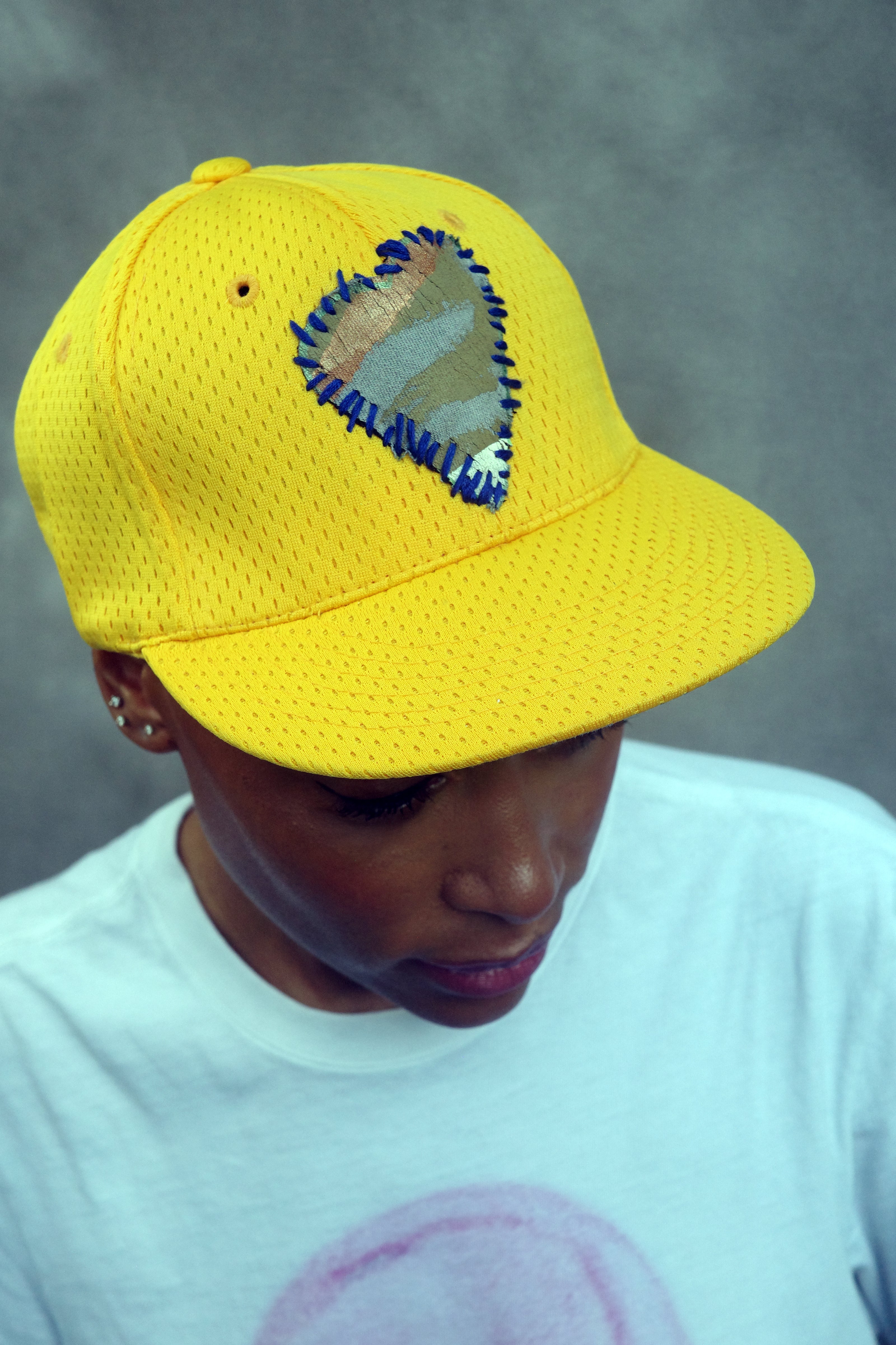 Yellow Birds Eye Mesh Baseball Hat with hand painted Denim Heart.